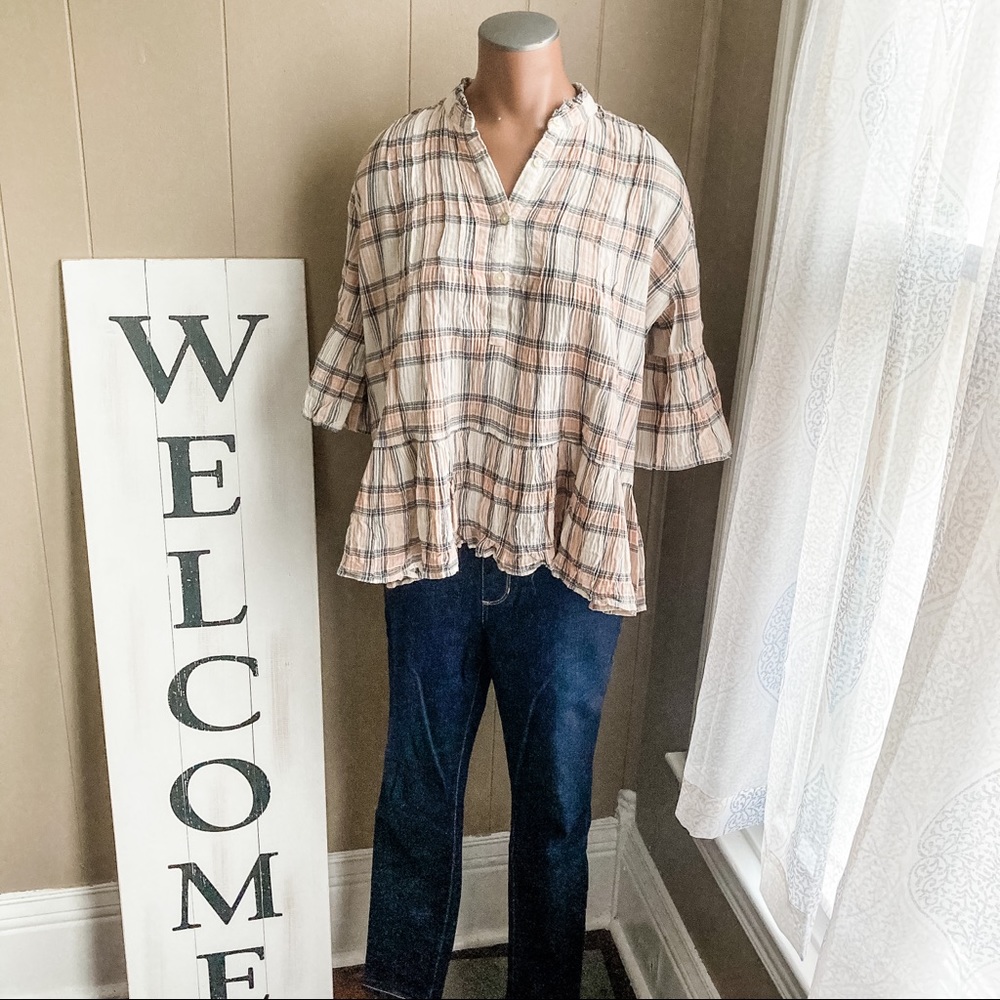 {LOFT} Plaid Bell Sleeve Peplum Top